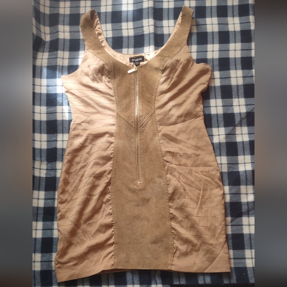 Bebe Tan Sleeveless Suede Dress with Front Zipper